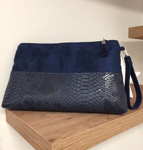 navy leather clutch bag
