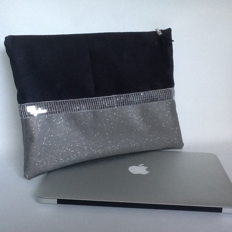 black suede sequins style Vanessa Bruno Custom-made Macbook pouch black and grey imitation leather and sequins Computer zipped cover