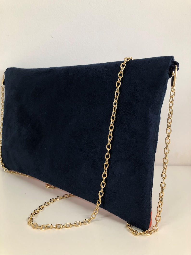 Navy blue and coral wedding clutch bag with sequins / Suedette evening clutch bag, customizable / Chain handbag image 6