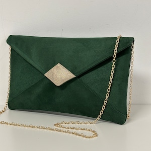 Clutch de boda verde esmeralda y dorado / Clutch de noche de ante y lino dorado, personalizable, cadena extraíble / Bolso de hombro