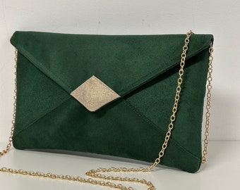 Smaragdgrüne und goldene Hochzeits-Clutch / Abend-Clutch aus Wildleder und goldenem Leinen, anpassbare, abnehmbare Kette / Schulterhandtasche