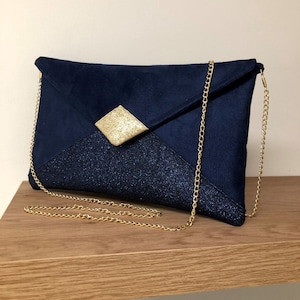Clutch de boda con lentejuelas azul marino y dorado / Bolso de ante personalizable en forma de sobre / Bolso clutch con cadena extraíble