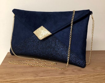 Navy blue wedding clutch bag, gold with sequins / Suede handbag envelope shape / Clutch bag with removable chain