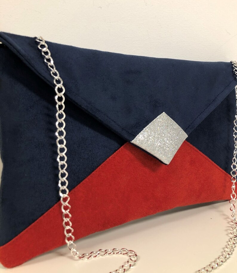 Navy blue and red wedding bag, silver glitter / Customizable evening bag with chain / Night blue and bright red shoulder strap bag to custom image 2