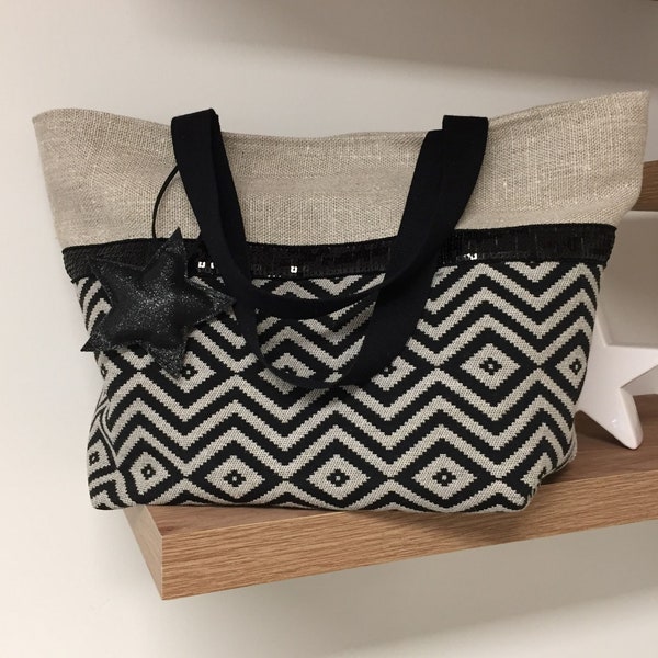 Sac cabas zippé lin naturel, motifs chevrons noirs, à paillettes / Sac porté épaule toile de lin, noir et beige / Sac shopping femme