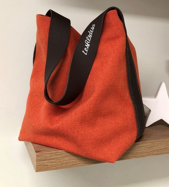 Coral linen hobo bag brown leather handle / Orange canvas | Etsy