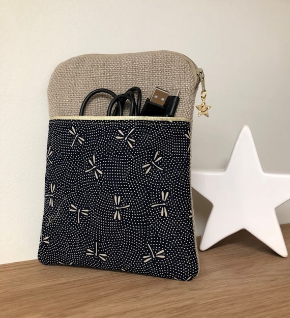 Pochette liseuse numérique lin et tissu japonais libellules / Etui zippé  Kobo sur mesure / Housse Kindle avec poche chargeur personnalisable -   France