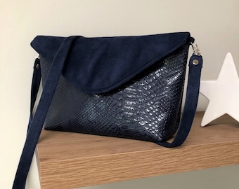 Small navy blue shoulder bag / Woman's shoulder bag, suedette, reptile leatherette / Handbag with flap, to custom / Night blue wedding bag