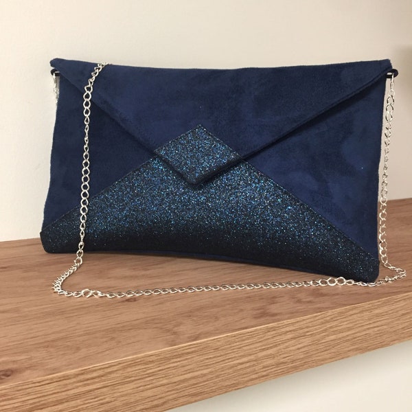 Navy blue sequined wedding clutch bag / Sueded handbag in the shape of a customizable envelope / Removable shoulder bag with chain strap