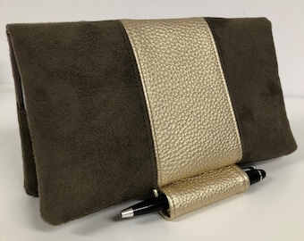 Brown and gold women's checkbook pen holder / Chequebook pen holder, suede, vegetal leather / Chequebook cover to be personalized