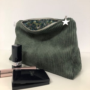 Bolsa de veludo cotelê verde cáqui / Bolsa grande de maquiagem de veludo com nervuras / Armazenamento de cosméticos femininos personalizáveis / Roupas esportivas