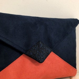 Navy blue and coral wedding clutch bag with sequins / Suedette evening clutch bag, customizable / Chain handbag image 4