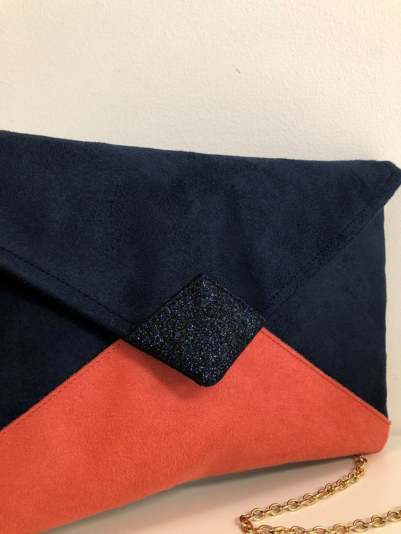Navy blue and coral wedding clutch bag with sequins / Suedette evening clutch bag, customizable / Chain handbag image 4
