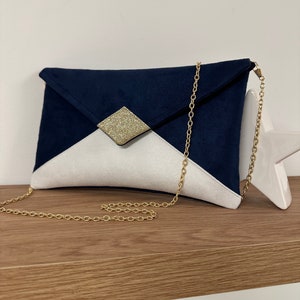 Navy blue and white wedding clutch bag with gold sequins / Blue and white evening bag / Customizable golden chain bag