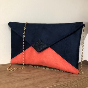 Navy blue and coral wedding clutch bag with sequins / Suedette evening clutch bag, customizable / Chain handbag image 2