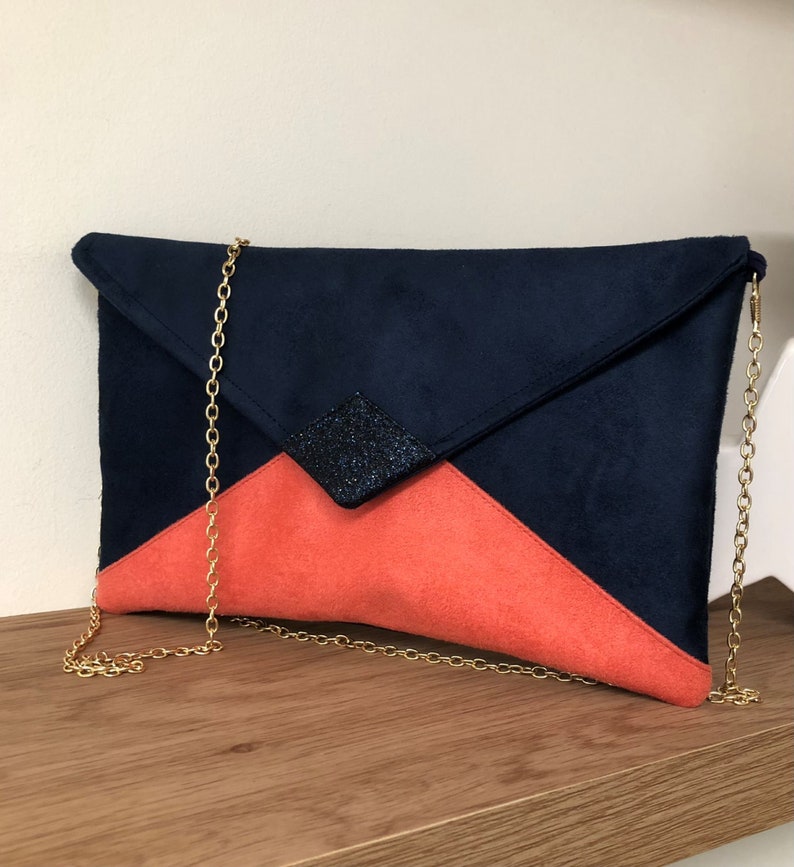 Navy blue and coral wedding clutch bag with sequins / Suedette evening clutch bag, customizable / Chain handbag image 2