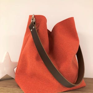 Orange linen hobo bag, removable brown leather handle / Women&#39;s canvas tote bag, sportswear style