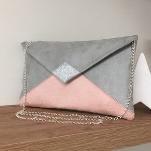 Pochette mariage gris clair, rose poudré, paillettes argentées / Pochette soirée enveloppe paillettes, personnalisable / Sac chaînette
