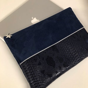 Navy blue and silver airy MacBook pouch / Customized computer case in suede and reptil leatherette / MacBook carrying case, customizable 12 pouces