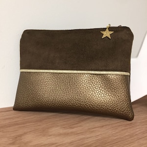 Portamonete da donna in similpelle bronzo / piccola pochette personalizzabile con cerniera marrone e oro / pochette piatta in pelle scamosciata con aspetto in pelle granulata
