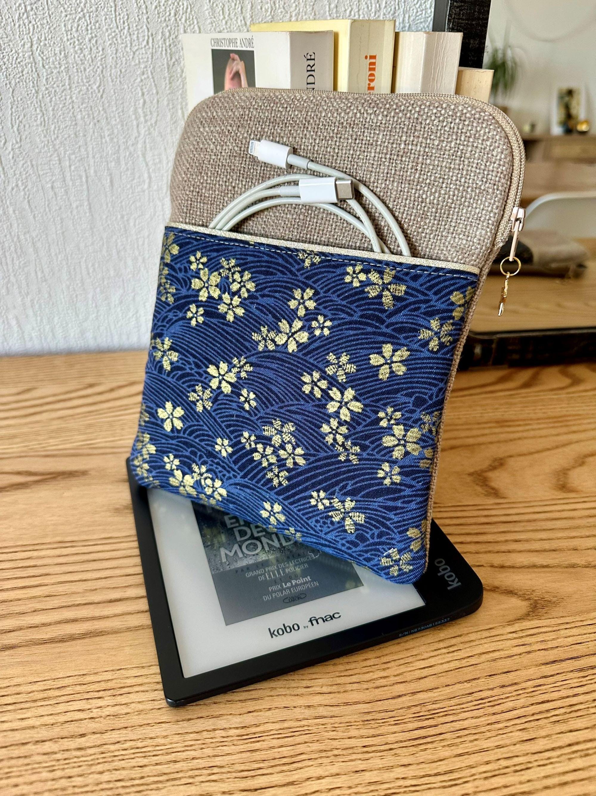 Blue and Gold Japanese Linen and Fabric Ebook Pouch Zipped Kobo