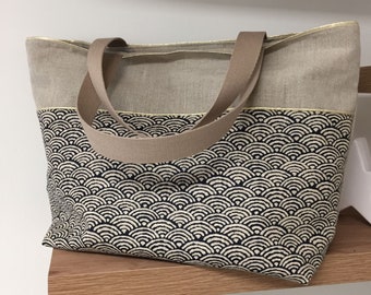 Sac cabas en lin et tissu japonais bleu nuit, beige, doré / Sac shopping en lin motif japonais et liseré doré pour femme / Large tote bag