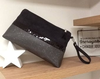 Pochette de soirée noire et grise à paillettes / Sac à main noir et gris pailleté, avec dragonne / Pochette personnalisable