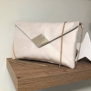 Ecru Wedding Clutch Bag in Suedette and Gold Linen Customizable