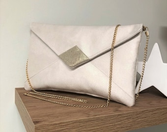 Ecru wedding clutch bag in suedette and gold linen / Customizable ivory evening clutch bag with or without chain / Ivory and gold handbag