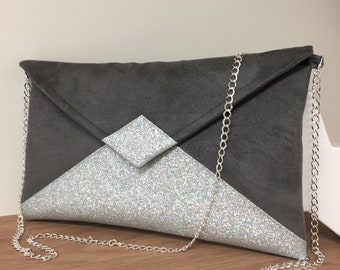 Mouse grey wedding clutch bag, silver glitter / Grey evening clutch bag / envelope shaped bag customizable / Anthracite handbag with chain