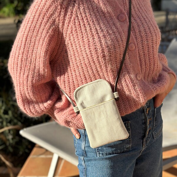 Ivory velvet phone pouch, leather shoulder strap / Corduroy smartphone case, adjustable strap / Small bag for IPhone or Android