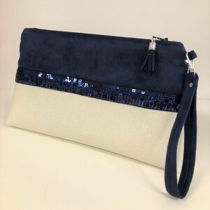 Pochette mariage bleu marine, blanc à paillettes et dragonne / Sac à main zippé, bi matière, personnalisable, suédine, simili cuir image 9