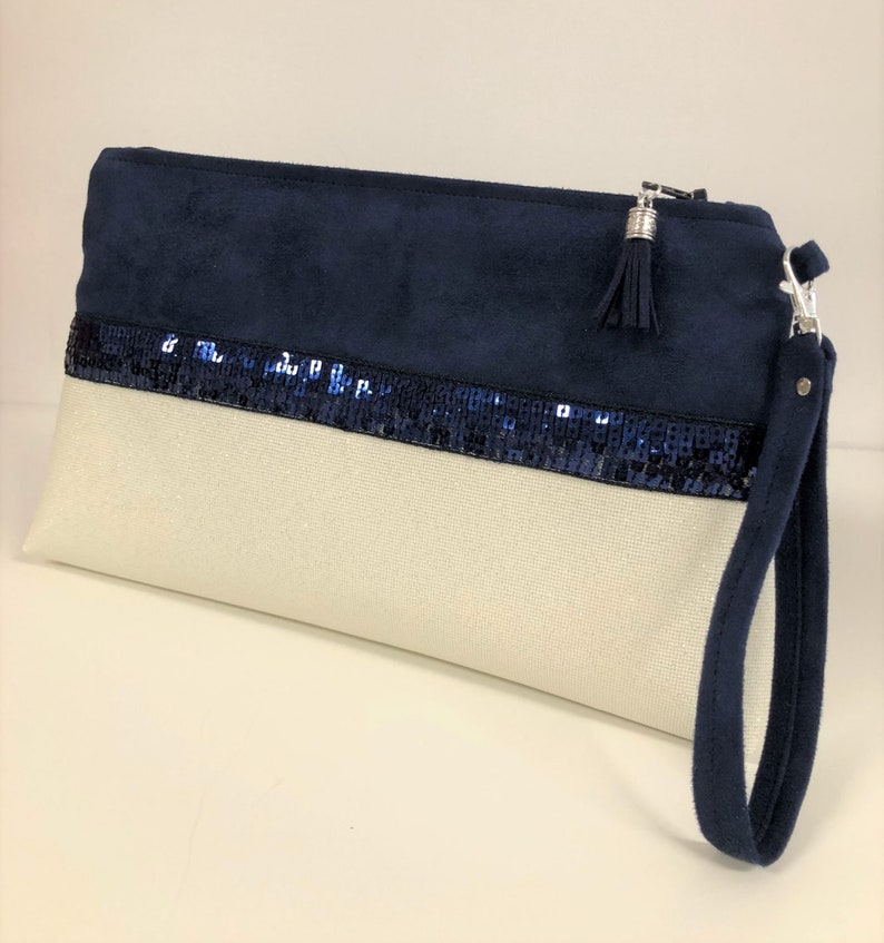 Pochette mariage bleu marine, blanc à paillettes et dragonne / Sac à main zippé, bi matière, personnalisable, suédine, simili cuir image 9