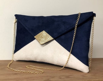 Navy blue, ecru, gold glitter wedding clutch bag / Suede-shaped clutch bag with customizable suede / Removable chain handbag / Ivory suede