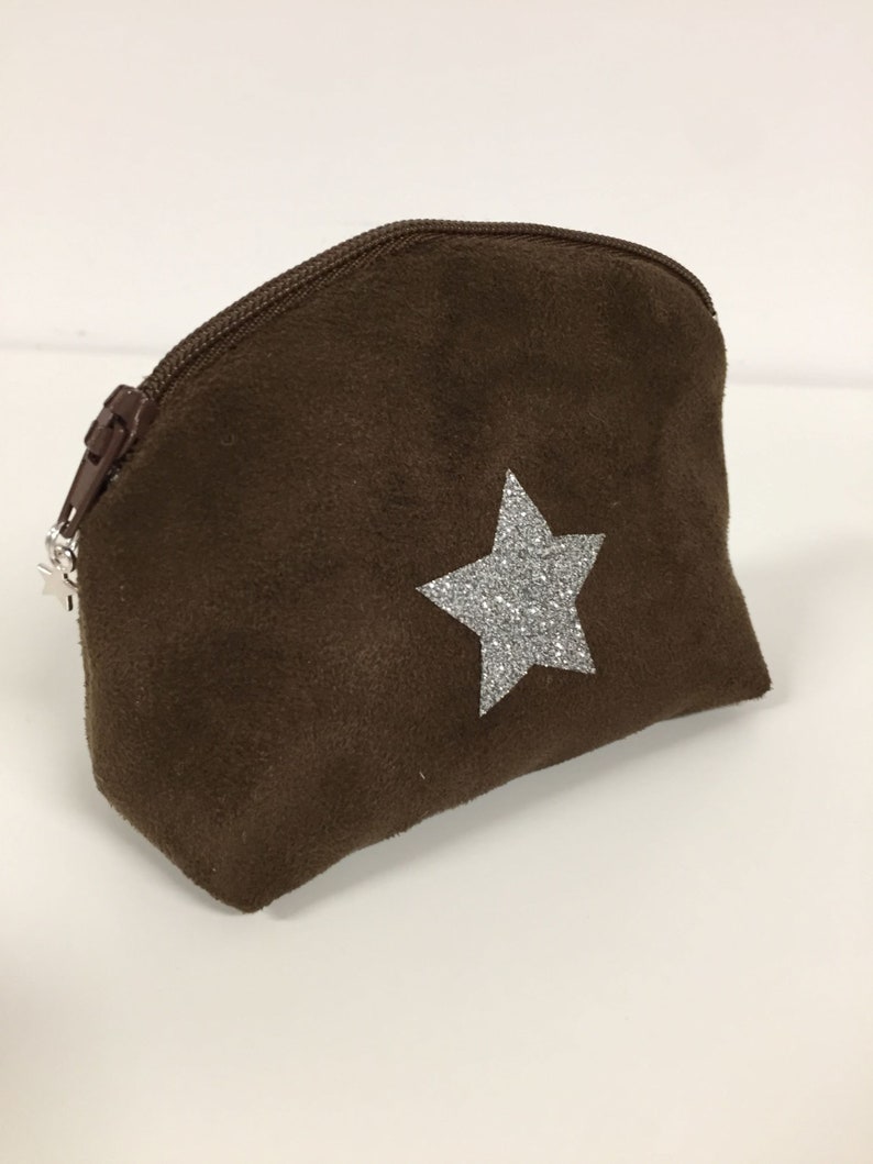 Women's or children's wallet, brown, glitter star / Chocolate suede mini zipped pocket, glitter / Customizable bag accessory / Wallet image 6