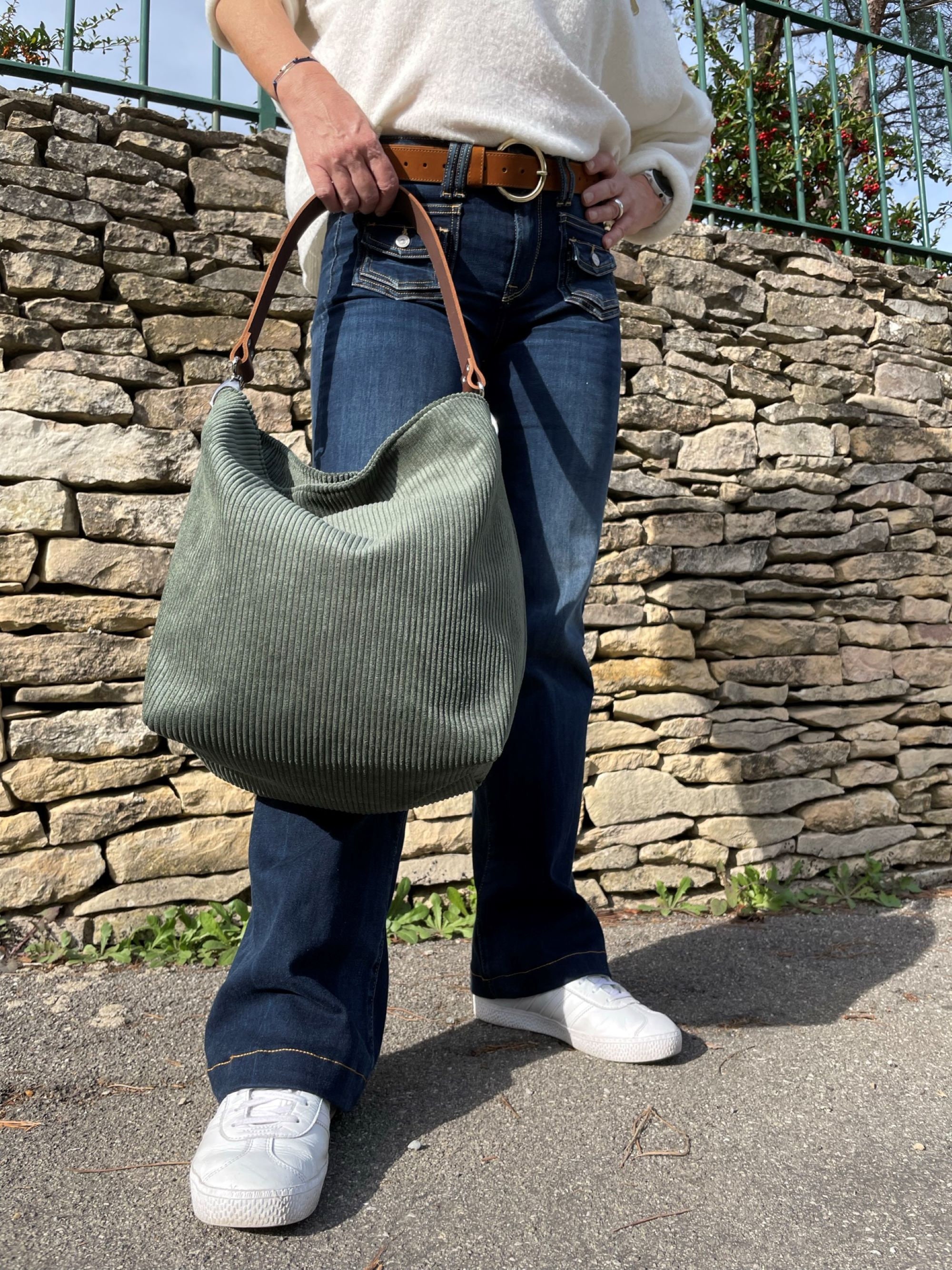 Khaki Green Hobo Bag, Removable Firm Leather Handle / Dark
