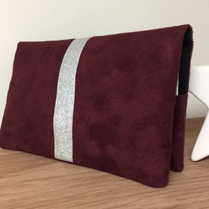 Porta chequera burdeos, brillo plateado / Funda de chequera billetera de ante para personalizar / Funda personalizable para chequera