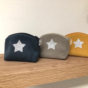 Small coin purse in duck blue corduroy, glittering star / Small zippered pouch in corduroy, silver glitter