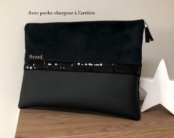 Pochette ordinateur noire à paillettes, AVEC poche chargeur / Housse MacBook cuir végétal et suédine/ Etui IPad personnalisable, sur mesure