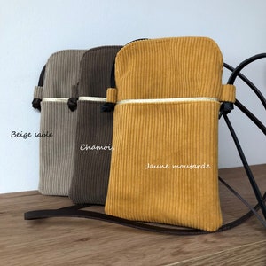 Smartphone shoulder bag / Duck blue corduroy phone case, leather strap / Small bag for Iphone, Android, all sizes image 7