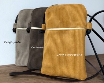 Smartphone shoulder bag / Mustard yellow corduroy phone case, leather strap / Small bag for Iphone, Android, all sizes