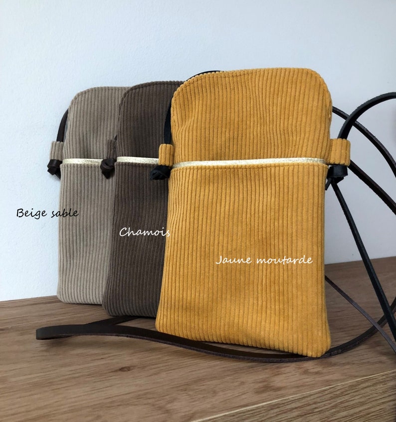 Smartphone shoulder bag / Duck blue corduroy phone case, leather strap / Small bag for Iphone, Android, all sizes image 7