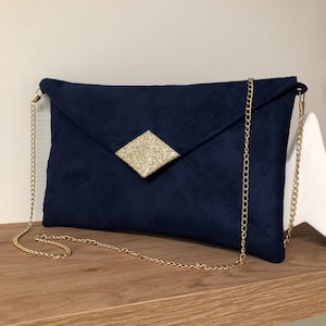 Pochette mariage bleu marine en suédine, paillettes dorées / Pochette soirée personnalisable avec ou sans chainette / Sac à main bandoulière