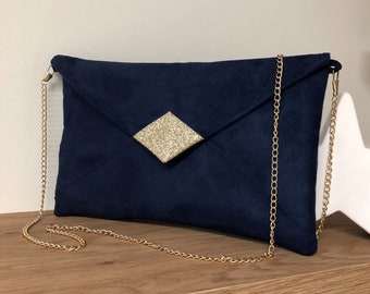 Navy blue suede wedding clutch bag, golden sequins / Customizable evening clutch bag with or without chain / Shoulder strap women's handbag