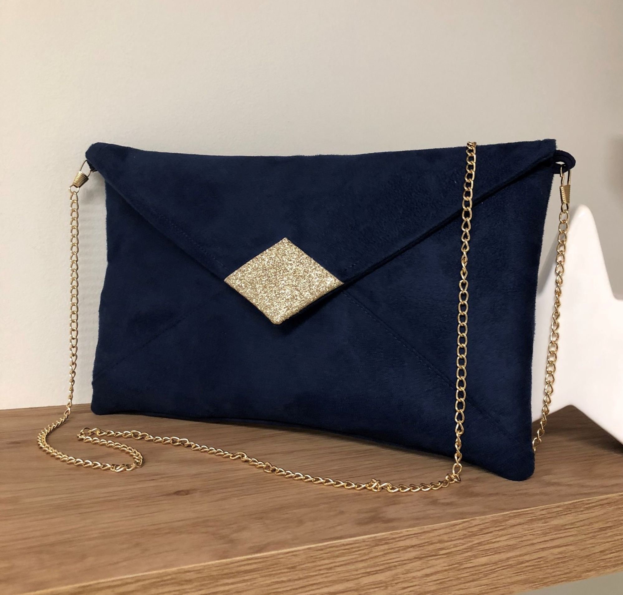 Navy Blue Suede Wedding Clutch Bag Golden Sequins / Etsy UK