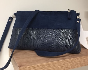 Marineblaue Damen-Umhängetasche / Hochzeits-Clutch aus Wildleder, Reptilien-Kunstleder / Blaue Umhängetasche mit Reißverschluss, anpassbar