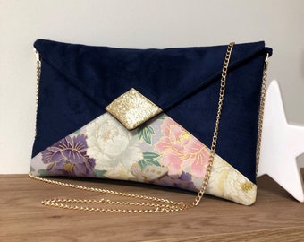 Navy blue, pink and purple wedding clutch bag, golden sequins / Evening clutch bag, suedette and floral Japanese fabric, customizable