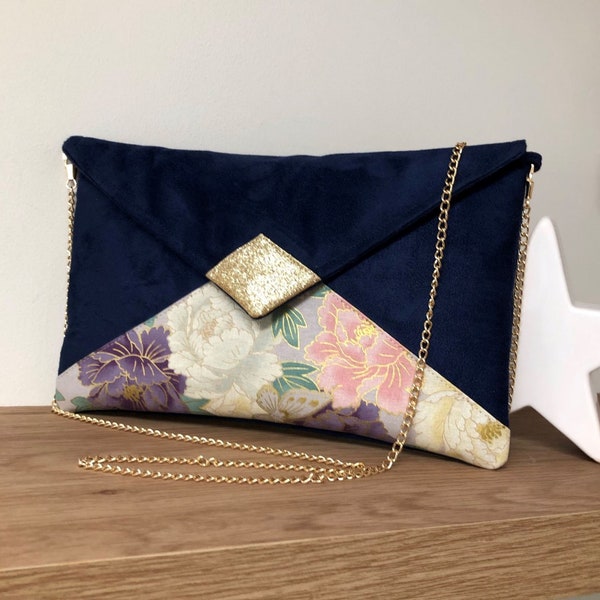 Navy blue, pink and purple wedding clutch bag, golden sequins / Evening clutch bag, suedette and floral Japanese fabric, customizable