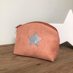 Cartera mujer, niño, rosa melocotón, estrella brillante / Mini bolsa con cremallera, ante salmón, purpurina plateada / Personalizable