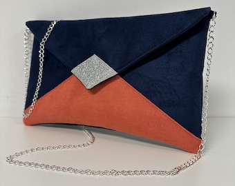 Pochette mariage bleu marine et corail à paillettes argentées / Pochette soirée forme enveloppe, personnalisable / Sac à main femme